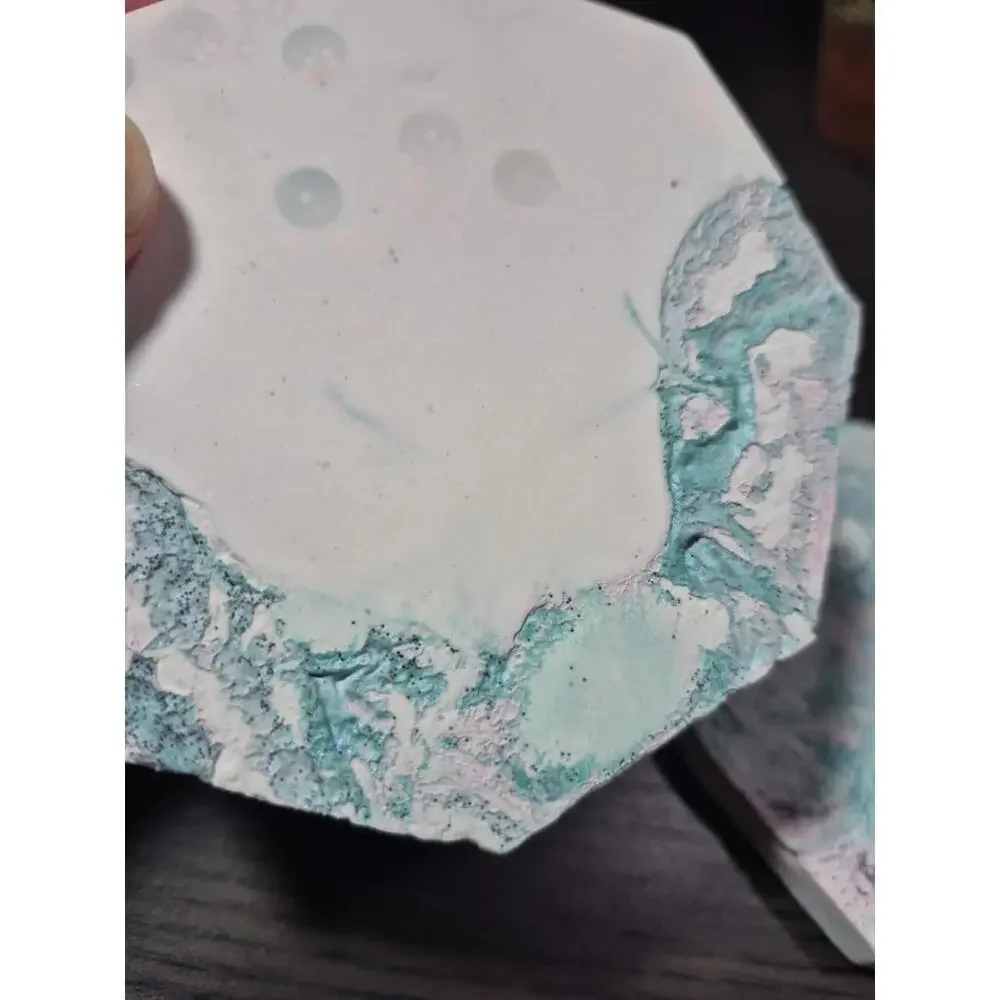 4 Teal/Pink White Marbled Eco Resin Stone Look Hexagon Coasters 4” Handmade